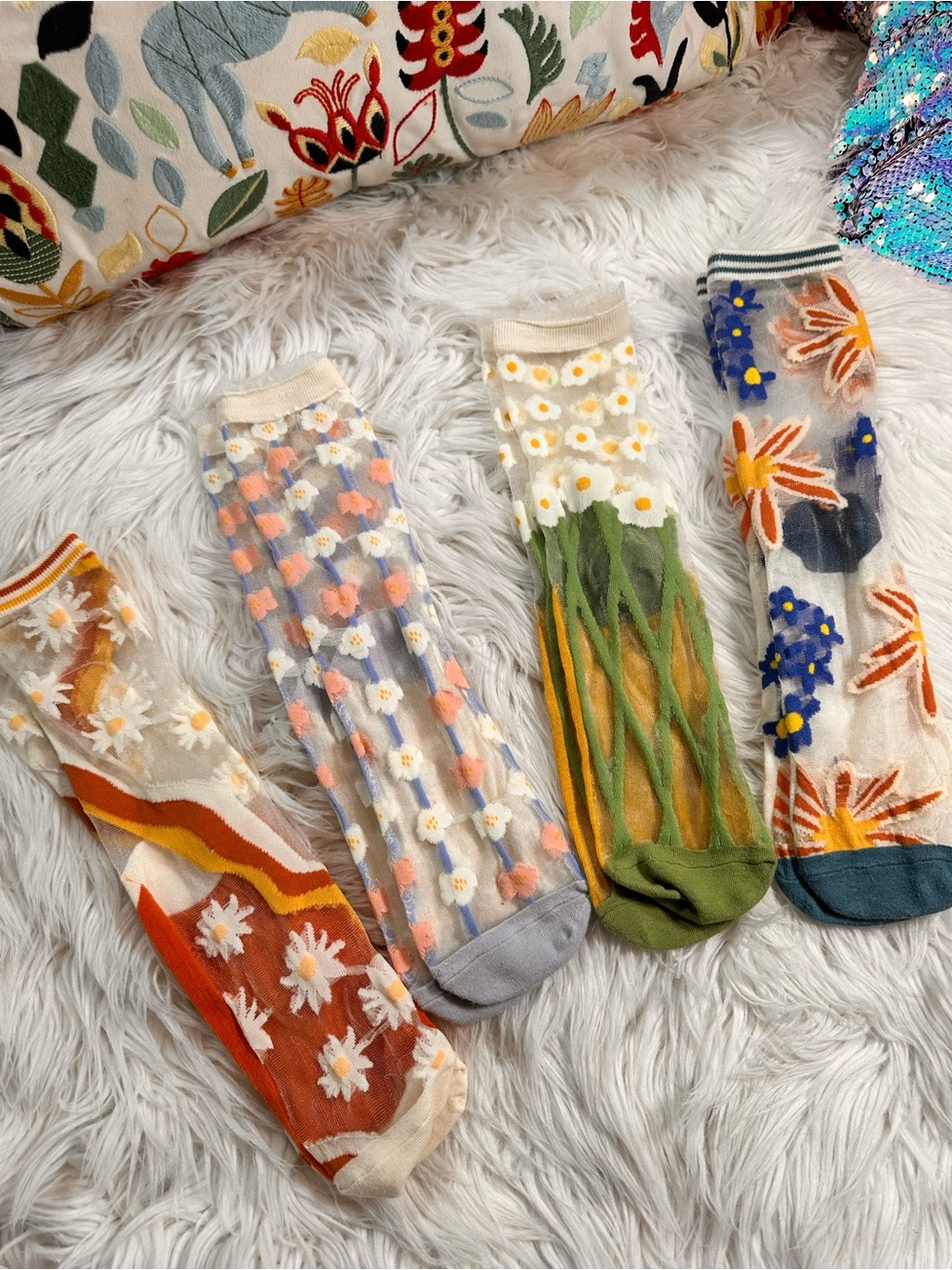 4 Pairs of Colorful Sheer Floral Socks